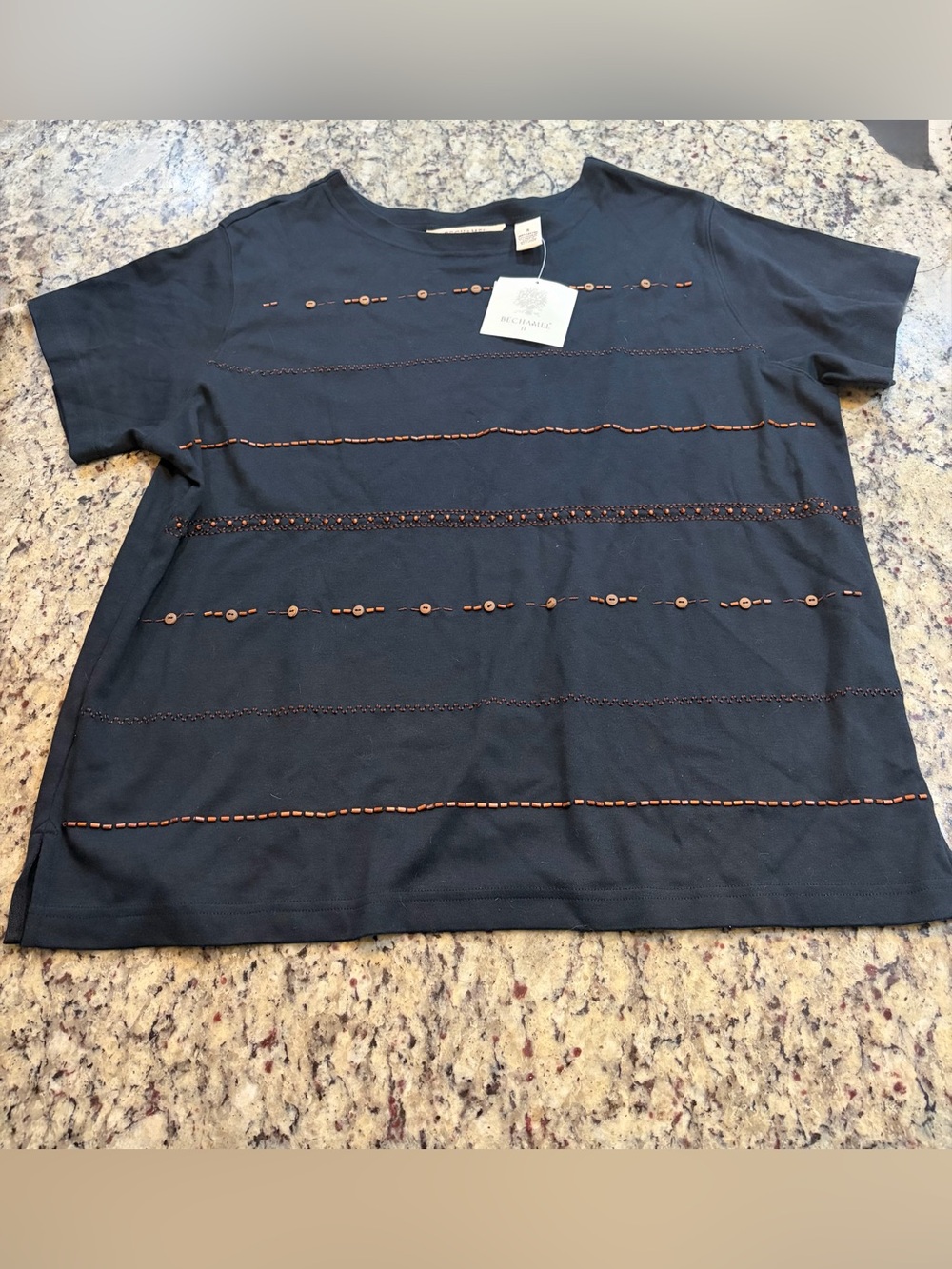 Bechamel Black Short-Sleeve Tee with Brown Accent Stitching and Beading